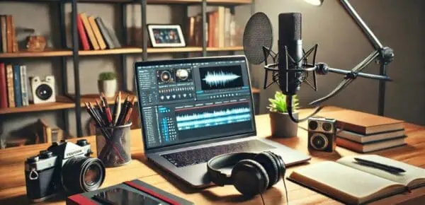 an image depicting a podcast setup in a relaxing home environment