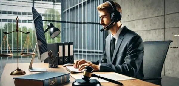 an image depicting a ficticious Ditto transcripts employee conducting law enforcement transcription