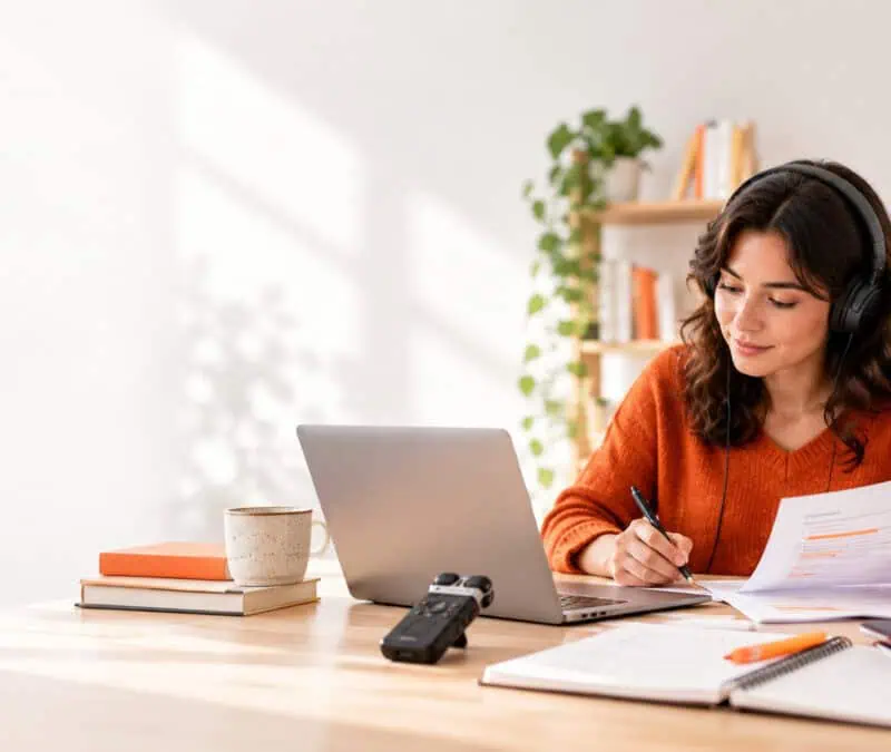 Academic researcher wearing headphones reviews transcription documents and takes notes beside a laptop and audio recorder.