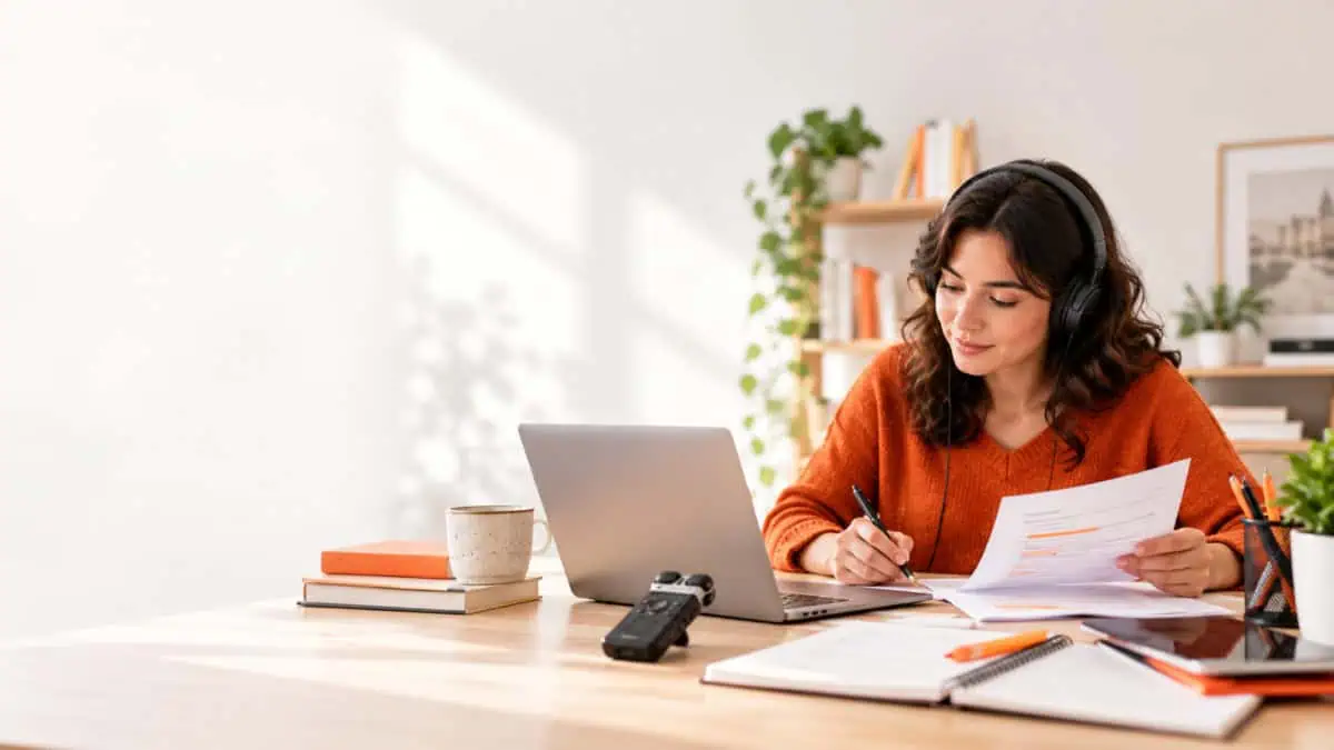 Academic researcher wearing headphones reviews transcription documents and takes notes beside a laptop and audio recorder.