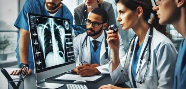 a doctor dictating into a recording device which will later be sent for AI transcription