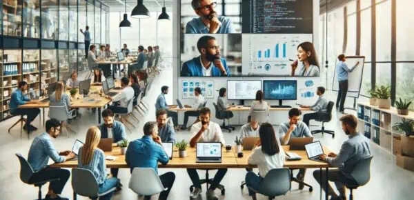 an image depicting an office with team members transcribing their retrospective meeting