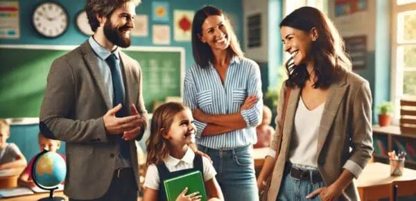 depicting a teacher parents and student for an article about academic transcription