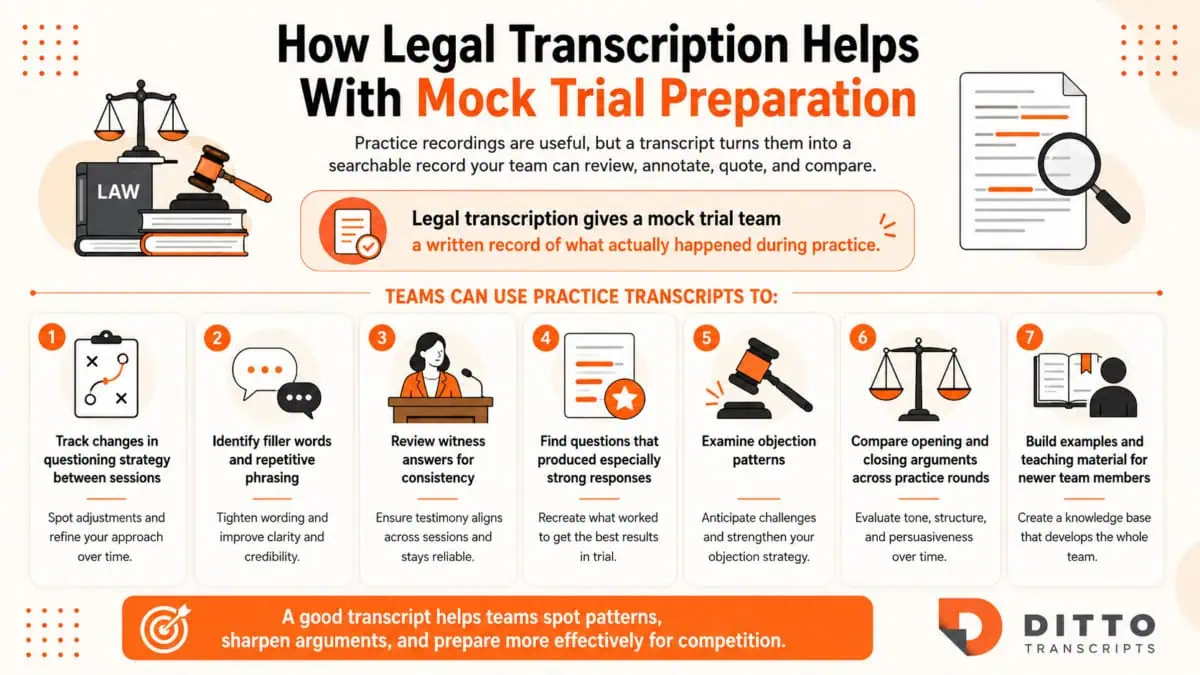 Infographic explaining how legal transcription helps mock trial teams review practice sessions, improve questioning, identify filler words, evaluate witness consistency, analyze objections, compare arguments, and train new members.