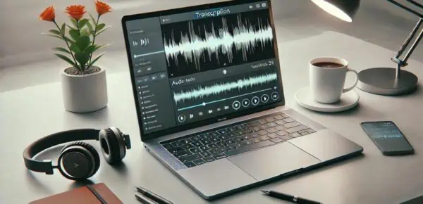 an image depicting a mac device where a user is transcribing audio to text in a home or office setting