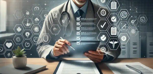 an image depicting a doctor reviewing a checklist for medical transcripts in a clinical setting