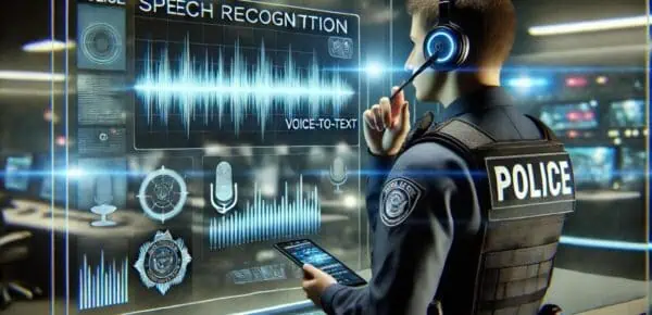 an image depicting a police officer using speech recognition for in a law enforcement operations setting
