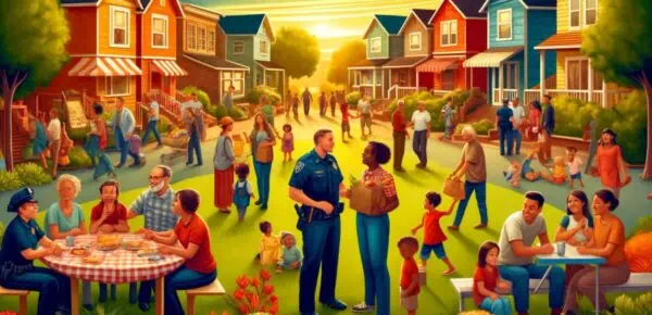 an image depicting police officers engaging with their community in a neighborhood setting to show the benefits of community policing