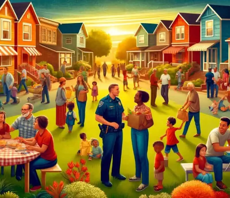 an image depicting police officers engaging with their community in a neighborhood setting to show the benefits of community policing
