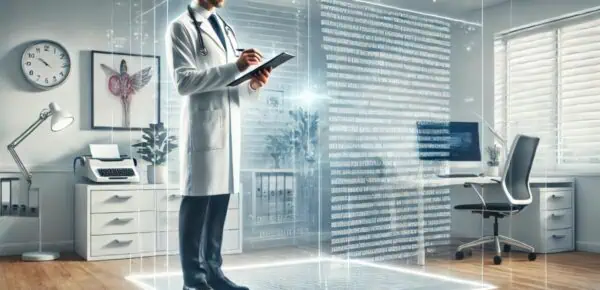 an image depicting a physician taking notes in a medical office setting in front of a digital space to denote how they can improve dictation efficiency