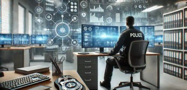 an image depicting a police officer interfacing with a law enforcement management system in a police station setting