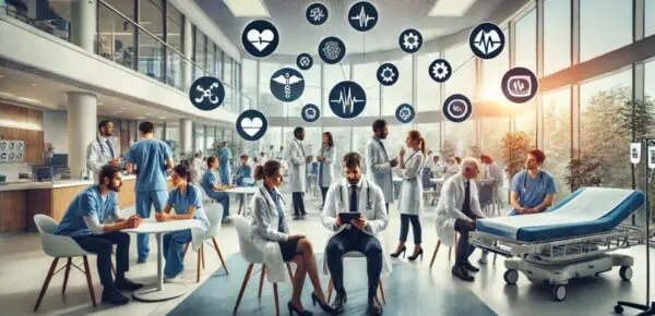 An image depicting healthcare professionals and patients engaging in effective communication in a medical setting. The scene features doctors, nurses, and patients involved in discussions, using digital tablets, and collaborating in a modern, well-lit environment