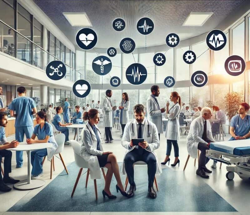 An image depicting healthcare professionals and patients engaging in effective communication in a medical setting. The scene features doctors, nurses, and patients involved in discussions, using digital tablets, and collaborating in a modern, well-lit environment