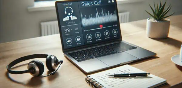 An image depicting a modern office desk set up for transcribing a sales call, featuring a laptop with an audio interface, a headset, and a notepad with handwritten notes, symbolizing efficiency and professionalism.