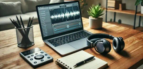 An image depicting a modern workspace for transcribing customer feedback, featuring a laptop with an audio interface, headphones, and a notepad with handwritten notes in a well-lit, professional setting