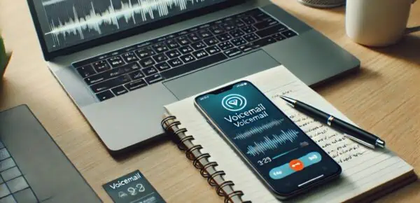 An image depicting a modern desk setup for transcribing voicemail, featuring a smartphone with a voicemail interface open, a laptop displaying a transcription screen, and a notepad with handwritten notes, symbolizing efficiency and organization in voicemail transcription.