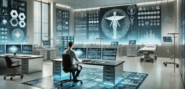 An image depicting a futuristic medical transcription workspace in a medical setting, featuring a human transcriptionist working with advanced digital tools. The scene includes modern medical equipment, minimalist design, and abstract data visualizations on digital screens, highlighting the integration of human expertise with cutting-edge technology in healthcare documentation.