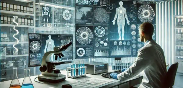 An image depicting a medical professional carefully analyzing pathology reports in a medical setting, featuring advanced laboratory equipment, microscopes, and computer screens displaying abstract graphical data. The scene highlights the complexity and challenges of transcribing pathology reports, emphasizing precision and attention to detail in a focused laboratory environment.