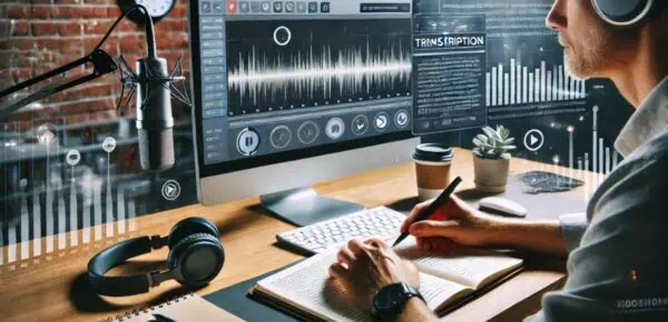 an image depicting a journalist transcribing audio to show the benefits of transcription in journalism in an office setting