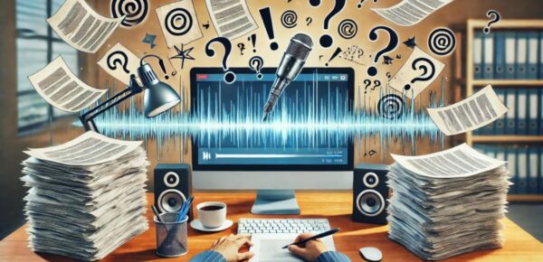 an image depicting a transcriber working through transcripts with images depicting common transcription errors around him in an office setting