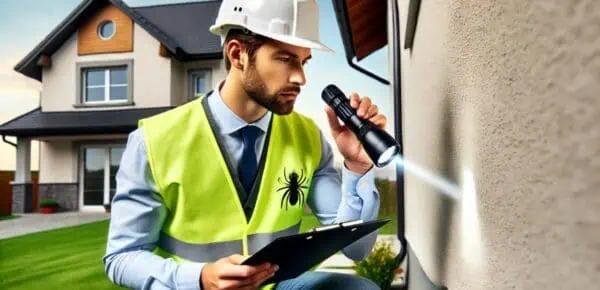 A professional home inspector creating his report. He is carefully examining a house, using a flashlight and clipboard.