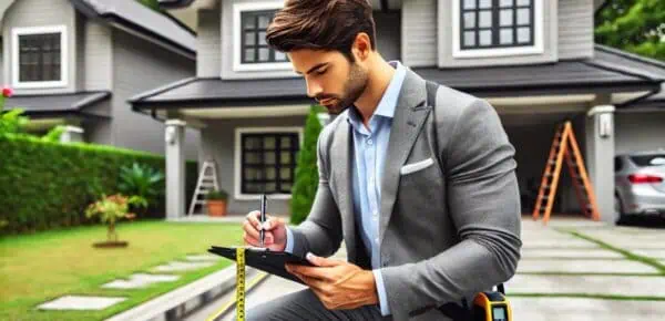 A professional real estate appraiser carefully evaluating a residential property for an article about How transcription can assist with real estate appraisals