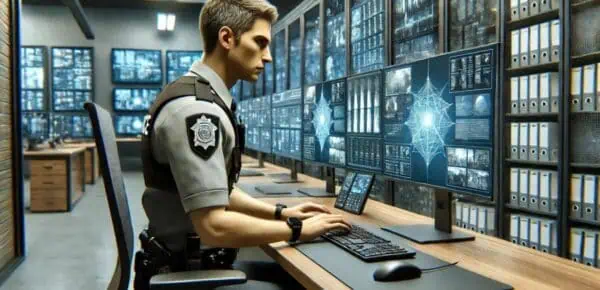 An image depicting a police officer working on a computer in a modern office, surrounded by multiple monitors displaying abstract data and security visuals to depict digital management systems