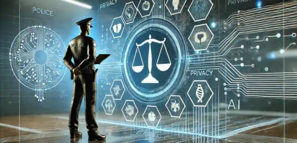 An image depicting a police officer reviewing AI-generated data, with symbols like a balance scale and shield representing the risks of AI in law enforcement, set in a sleek, modern environment with cool blue tones.