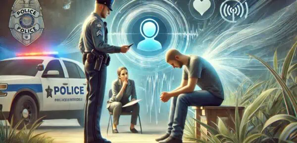 An image depicting a police officer calmly interacting with a distressed individual, with floating holographic waves symbolizing real-time transcription, while a mental health professional observes in a peaceful setting