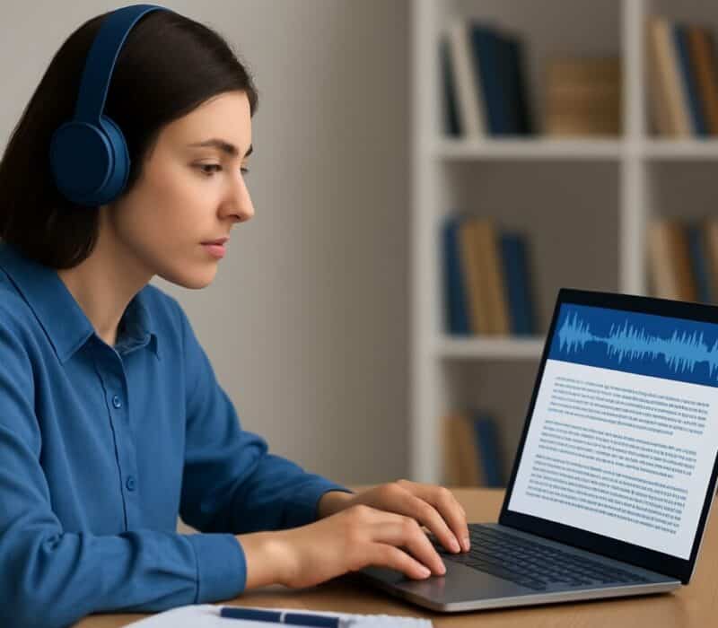 a depiction of a human transcriptionist performing qualitative data transcription