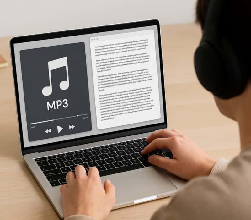 An image depicting a person transcribing an MP3 audio file to text on a laptop in a modern workspace setting, with a media player and text editor open on the screen.
