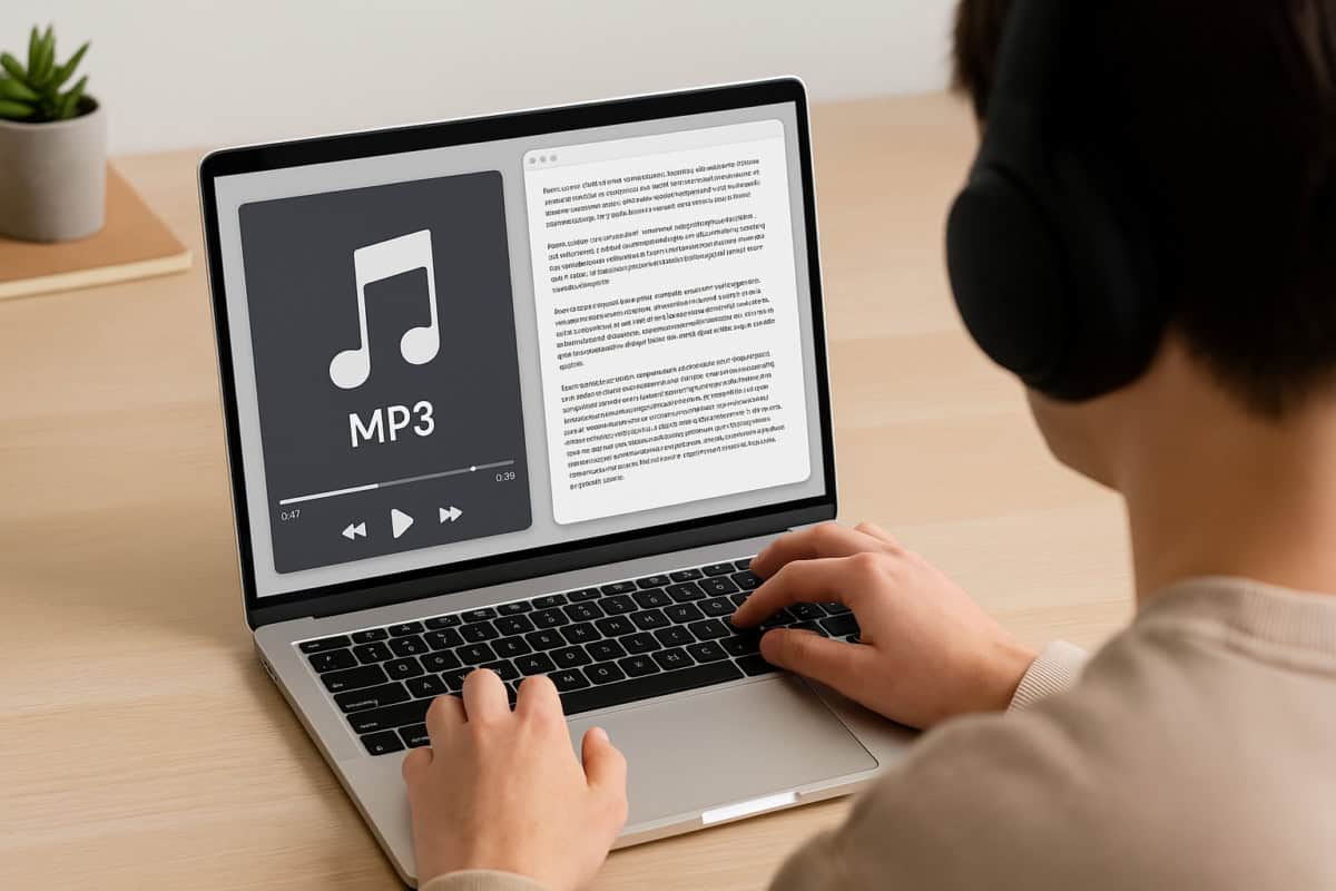 An image depicting a person transcribing an MP3 audio file to text on a laptop in a modern workspace setting, with a media player and text editor open on the screen.