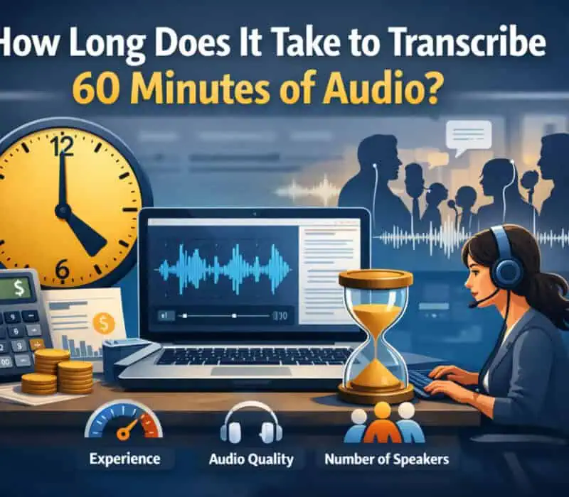 An image depicting a transcriptionist with headphones working at a laptop showing audio waveforms, alongside a clock, hourglass, and multiple speakers to represent time, accuracy, and complexity when transcribing 60 minutes of audio in an office setting.