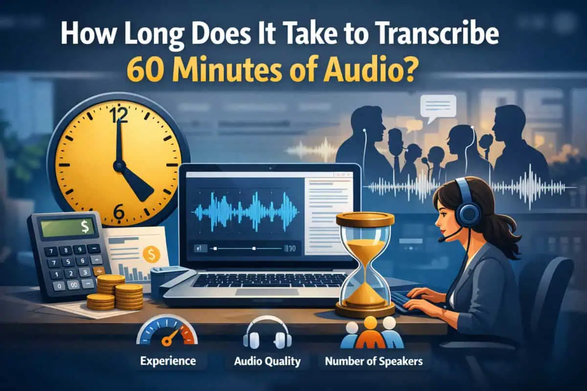 An image depicting a transcriptionist with headphones working at a laptop showing audio waveforms, alongside a clock, hourglass, and multiple speakers to represent time, accuracy, and complexity when transcribing 60 minutes of audio in an office setting.