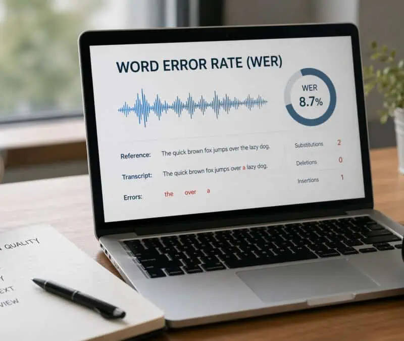 An image depicting a computer that displays transcription word error rate on the screen in an office settion.