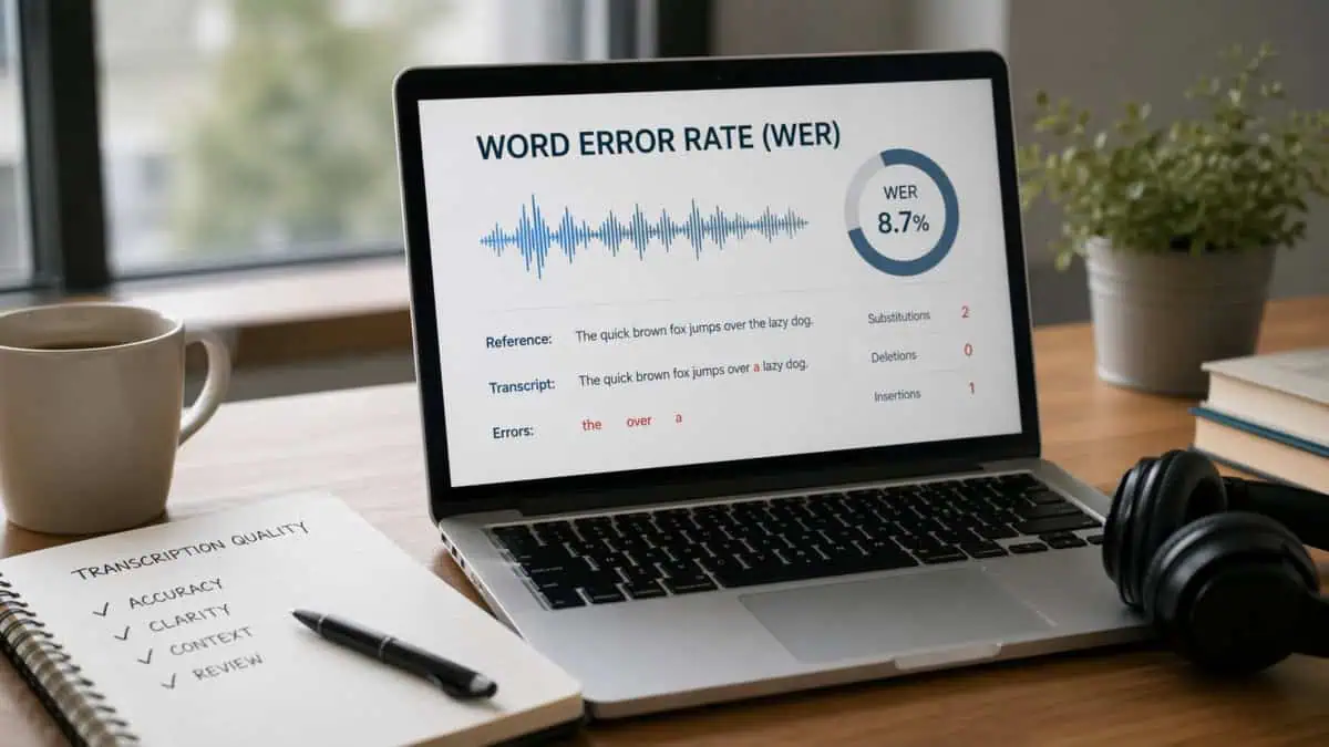 An image depicting a computer that displays transcription word error rate on the screen in an office settion.