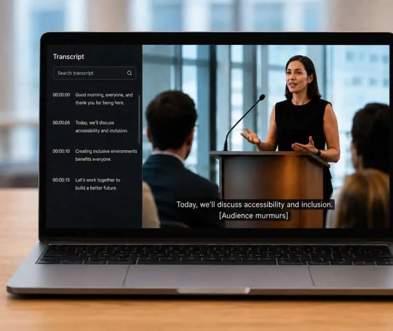 A laptop on a wooden desk displays a video of a woman speaking at a podium during a professional presentation, with captions over the video and a transcript panel shown beside it to illustrate accessible multimedia content.