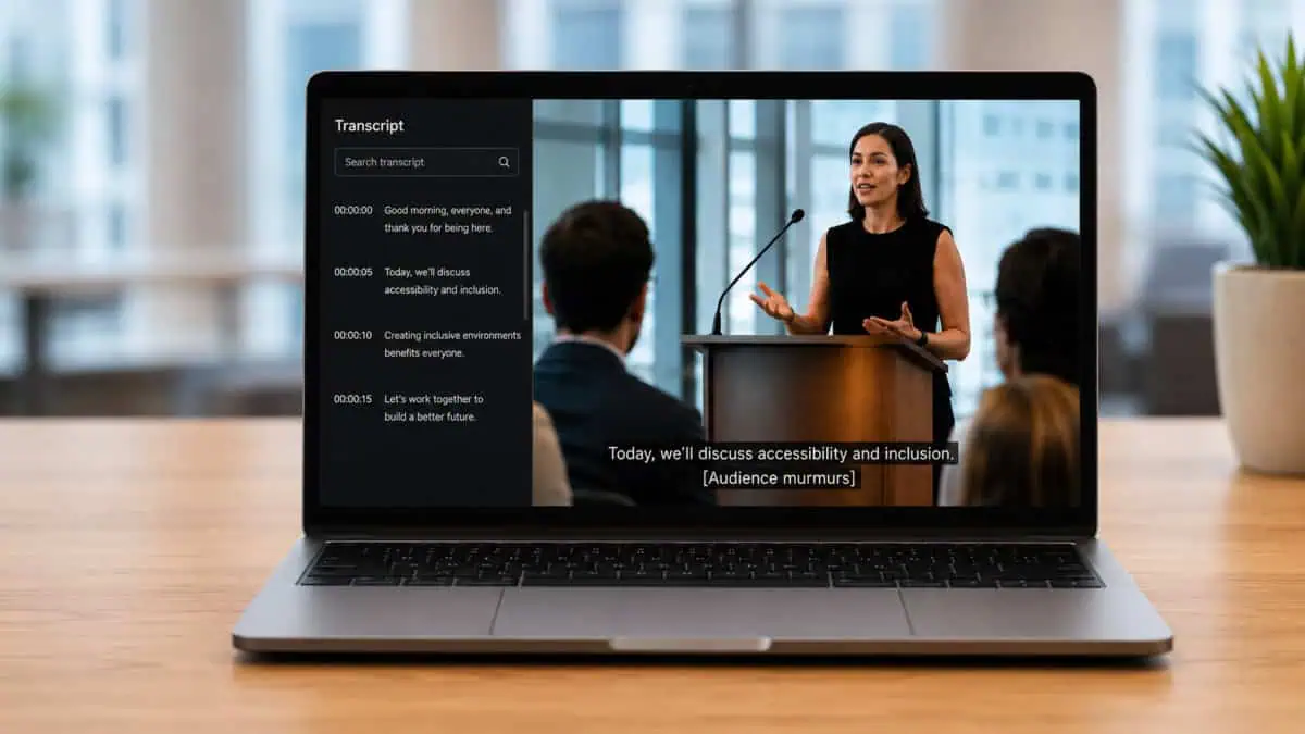 A laptop on a wooden desk displays a video of a woman speaking at a podium during a professional presentation, with captions over the video and a transcript panel shown beside it to illustrate accessible multimedia content.
