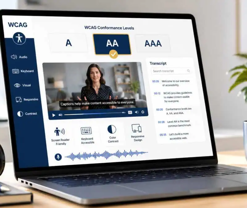 an image depicting a laptop showing a WCAG Level AA-conforming website with all the requirements in text, in an office setting