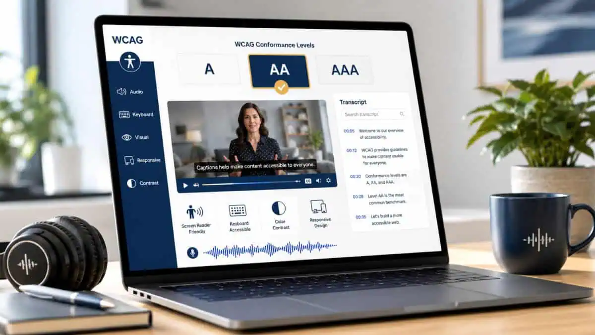 an image depicting a laptop showing a WCAG Level AA-conforming website with all the requirements in text, in an office setting