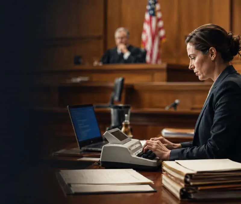 An image depicting a court reporter typing in a courtroom during a hearing amid the court reporter shortage.