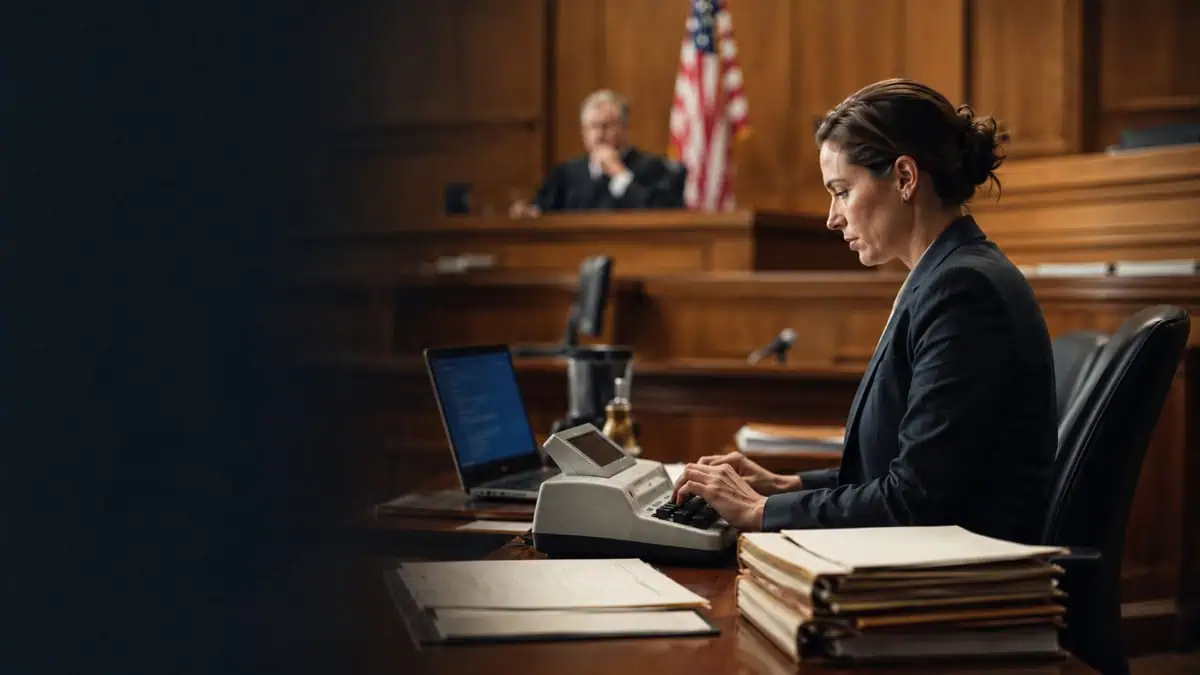 An image depicting a court reporter typing in a courtroom during a hearing amid the court reporter shortage.