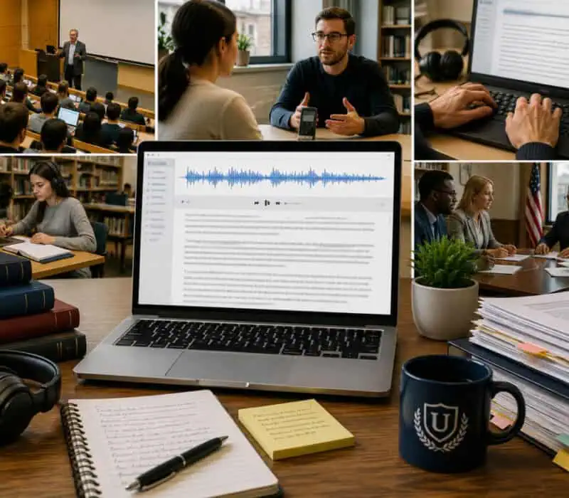 Wide academic transcription workspace with a laptop showing an audio waveform and blurred transcript, surrounded by books, headphones, notes, research documents, a lecture hall, an interview scene, and an academic meeting.