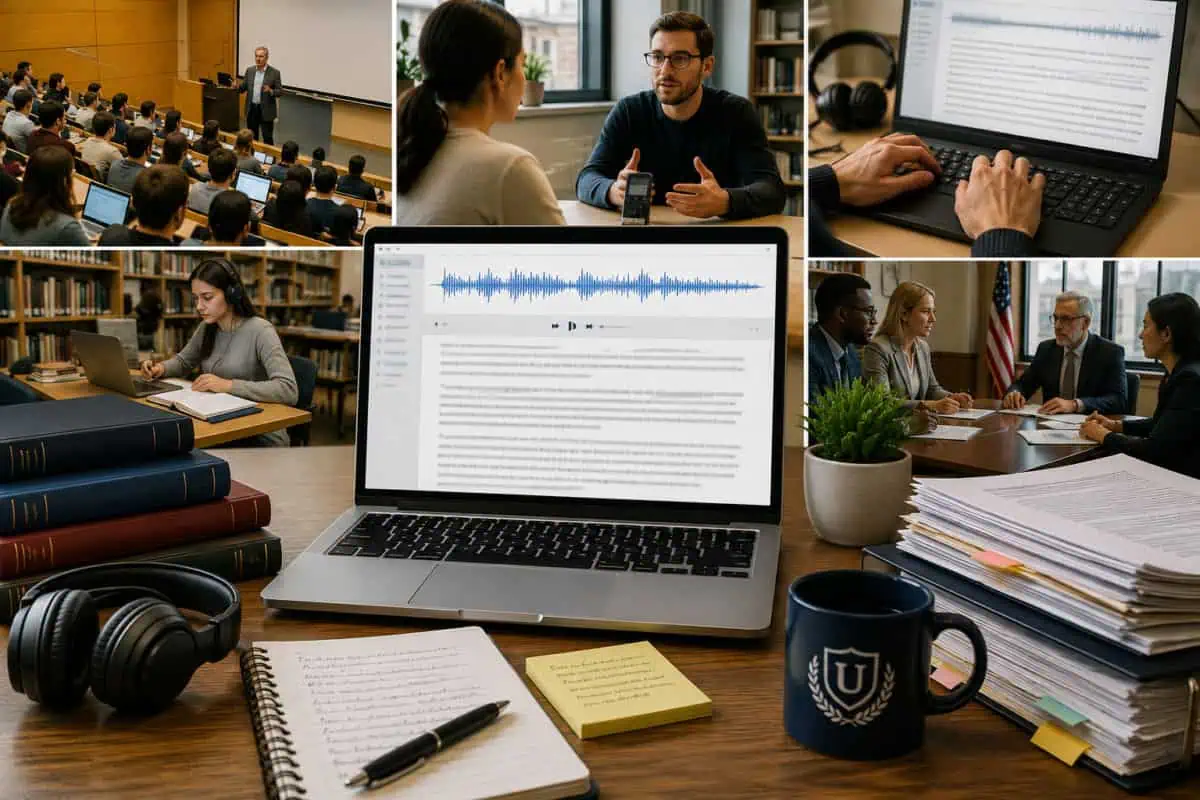Wide academic transcription workspace with a laptop showing an audio waveform and blurred transcript, surrounded by books, headphones, notes, research documents, a lecture hall, an interview scene, and an academic meeting.