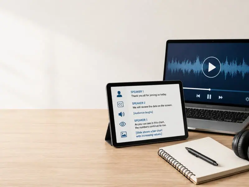 Wide accessible transcription workspace with a laptop showing an audio waveform, a tablet displaying a transcript, headphones, microphone, notebook, and open space on the left.