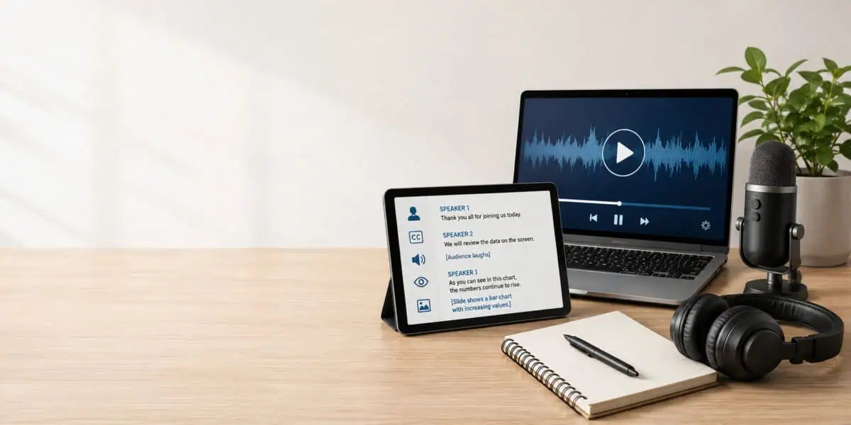 Wide accessible transcription workspace with a laptop showing an audio waveform, a tablet displaying a transcript, headphones, microphone, notebook, and open space on the left.
