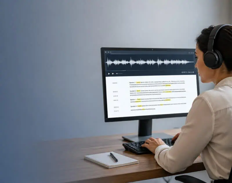 Professional transcriptionist wearing headphones reviews an audio waveform and transcript on a computer in a modern office.