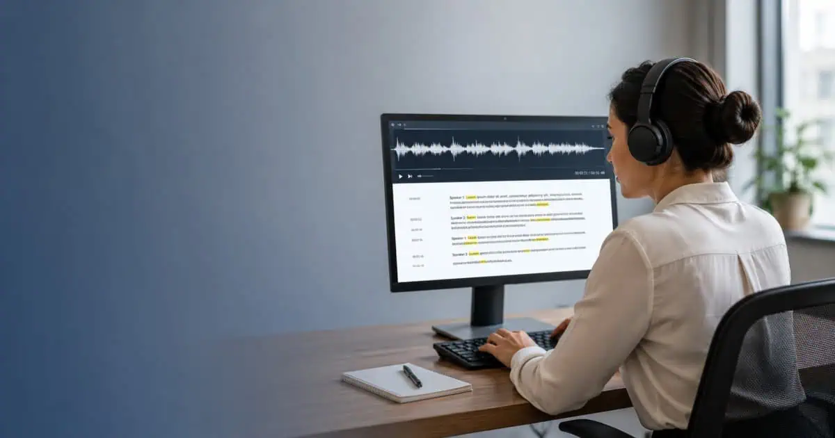 Professional transcriptionist wearing headphones reviews an audio waveform and transcript on a computer in a modern office.