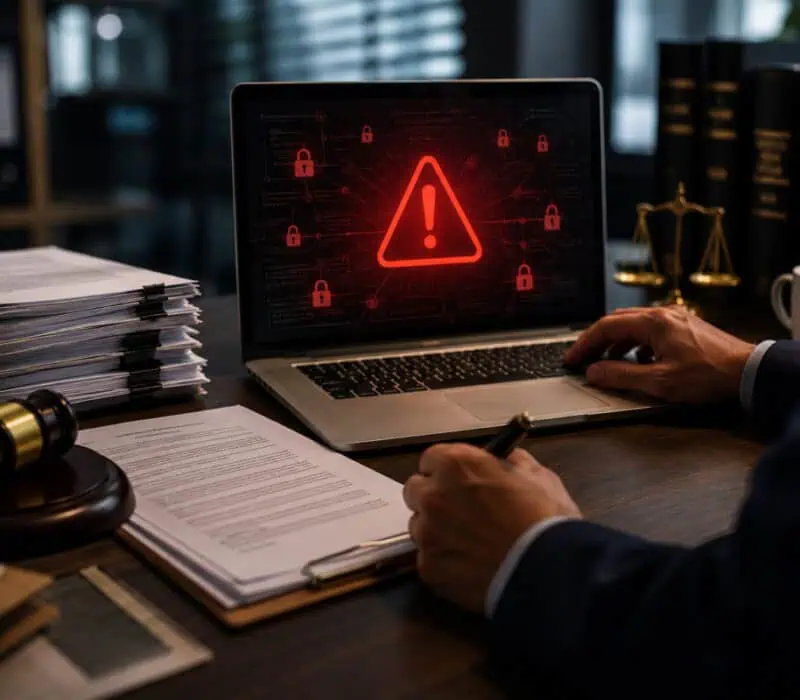 A legal professional reviews documents beside a laptop showing a red cybersecurity warning icon, with court files, a gavel, and scales of justice suggesting the risks of exposing sensitive legal transcript data.