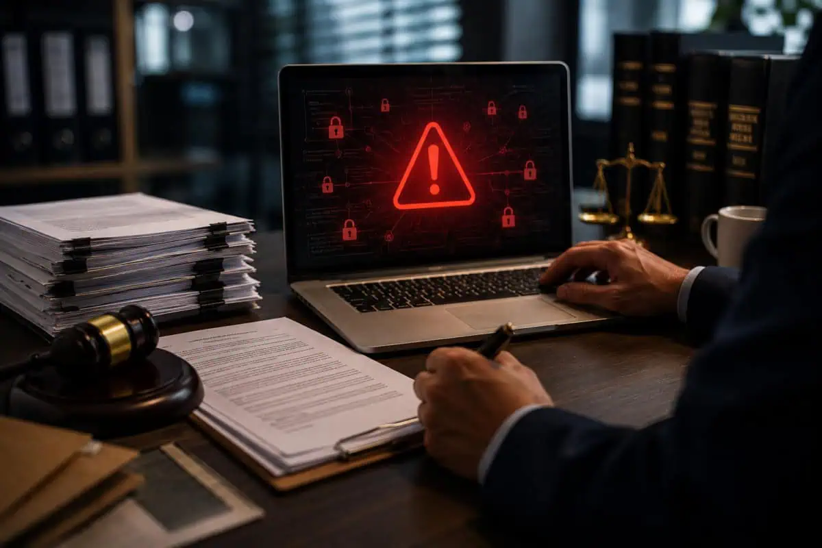 A legal professional reviews documents beside a laptop showing a red cybersecurity warning icon, with court files, a gavel, and scales of justice suggesting the risks of exposing sensitive legal transcript data.